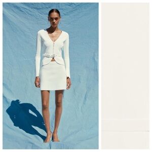 NWT. Zara White Viscose Blend Plain Knit V-Neck Cardigan with Belt. Size M.